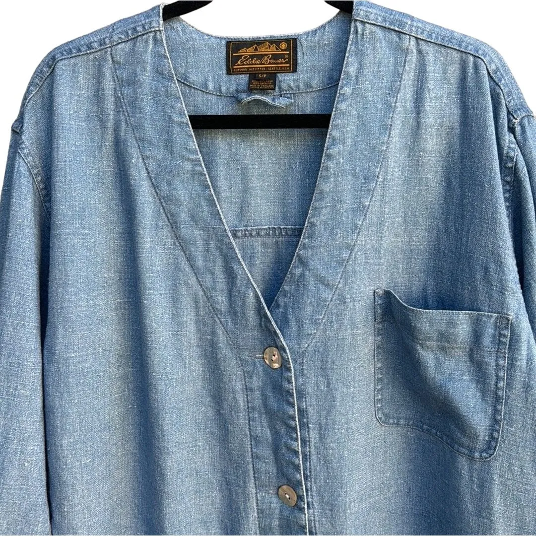 Eddie Bauer Vintage Women's Blue Denim Button-Up V-Neck Cargo Work Barn Jacket