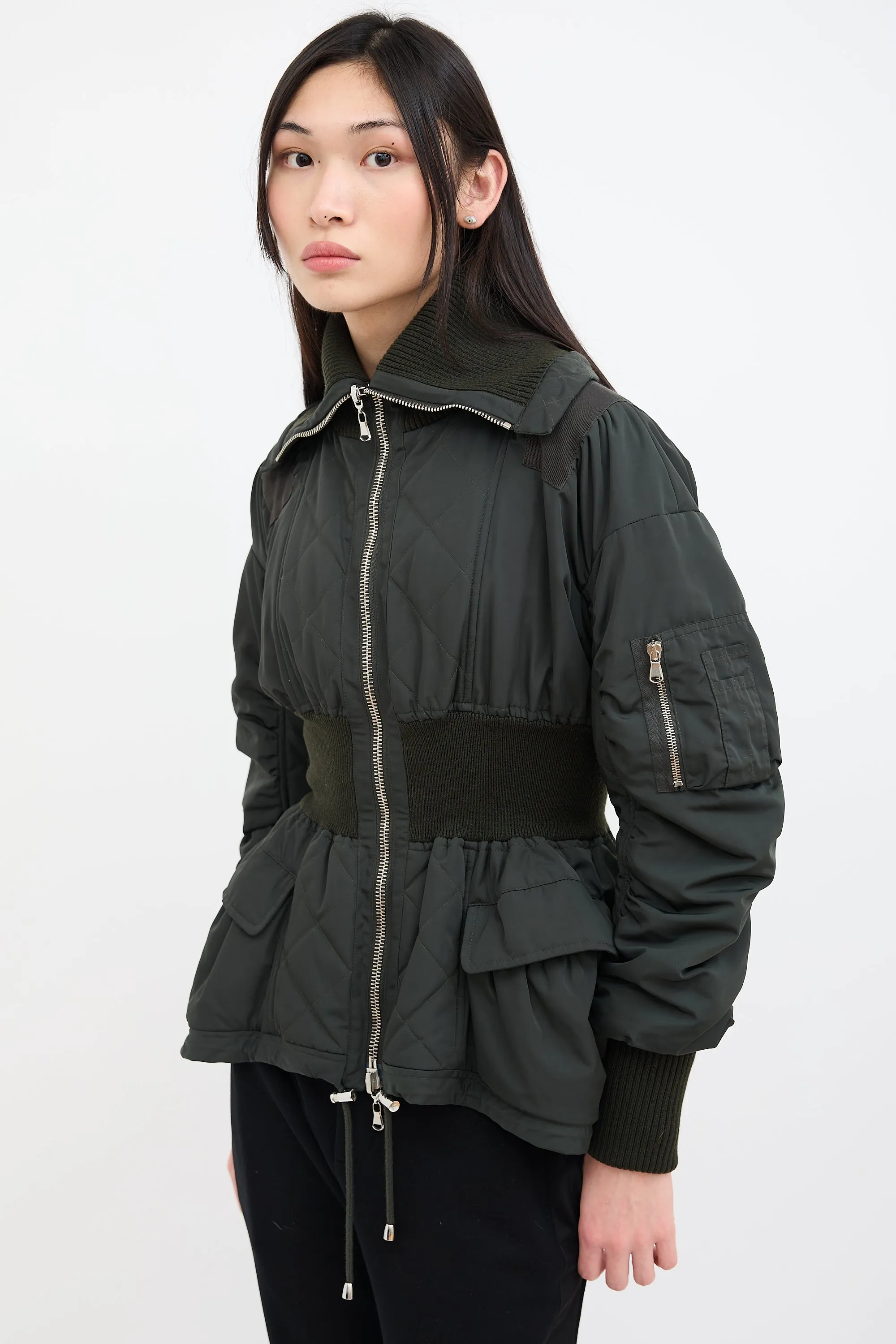 Green Quilted Nylon Peplum Jacket