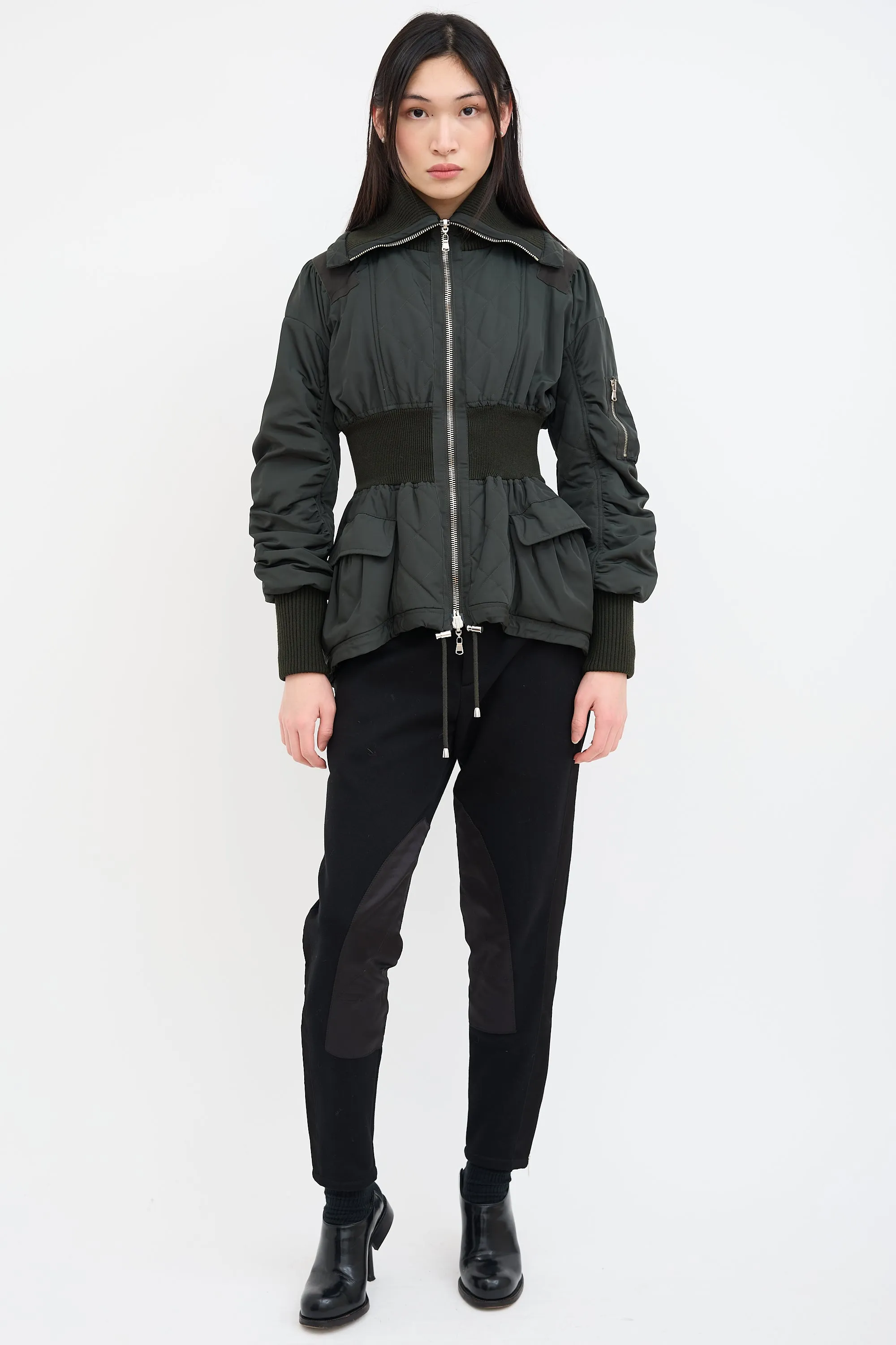 Green Quilted Nylon Peplum Jacket