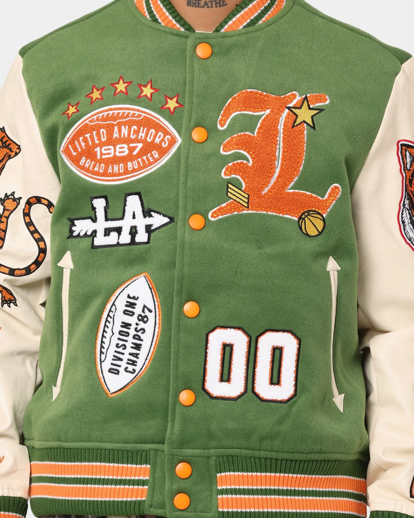 Lifted Anchors "Champion" Letterman Jacket Olive/Orange