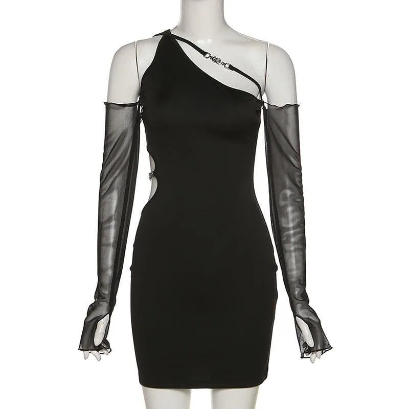Long mesh sleeve off shoulder hollow out irregular dress