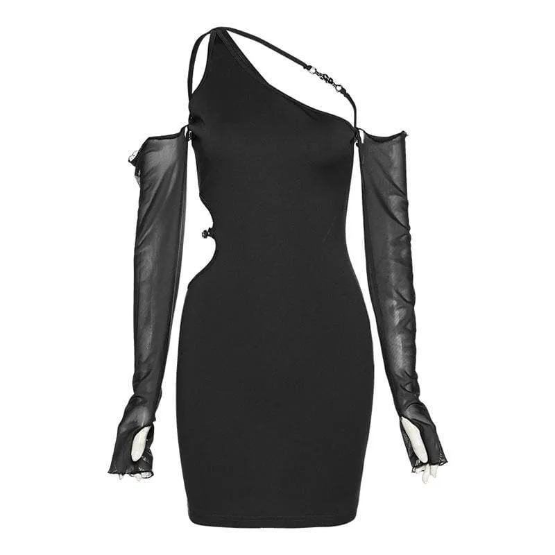 Long mesh sleeve off shoulder hollow out irregular dress