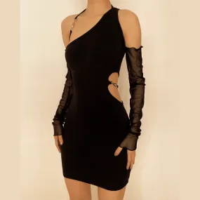 Long mesh sleeve off shoulder hollow out irregular dress