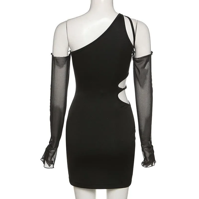 Long mesh sleeve off shoulder hollow out irregular dress