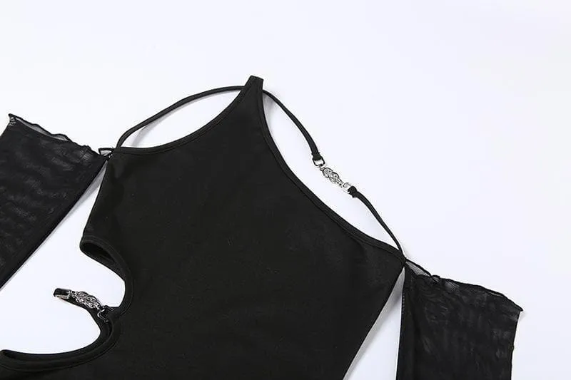 Long mesh sleeve off shoulder hollow out irregular dress