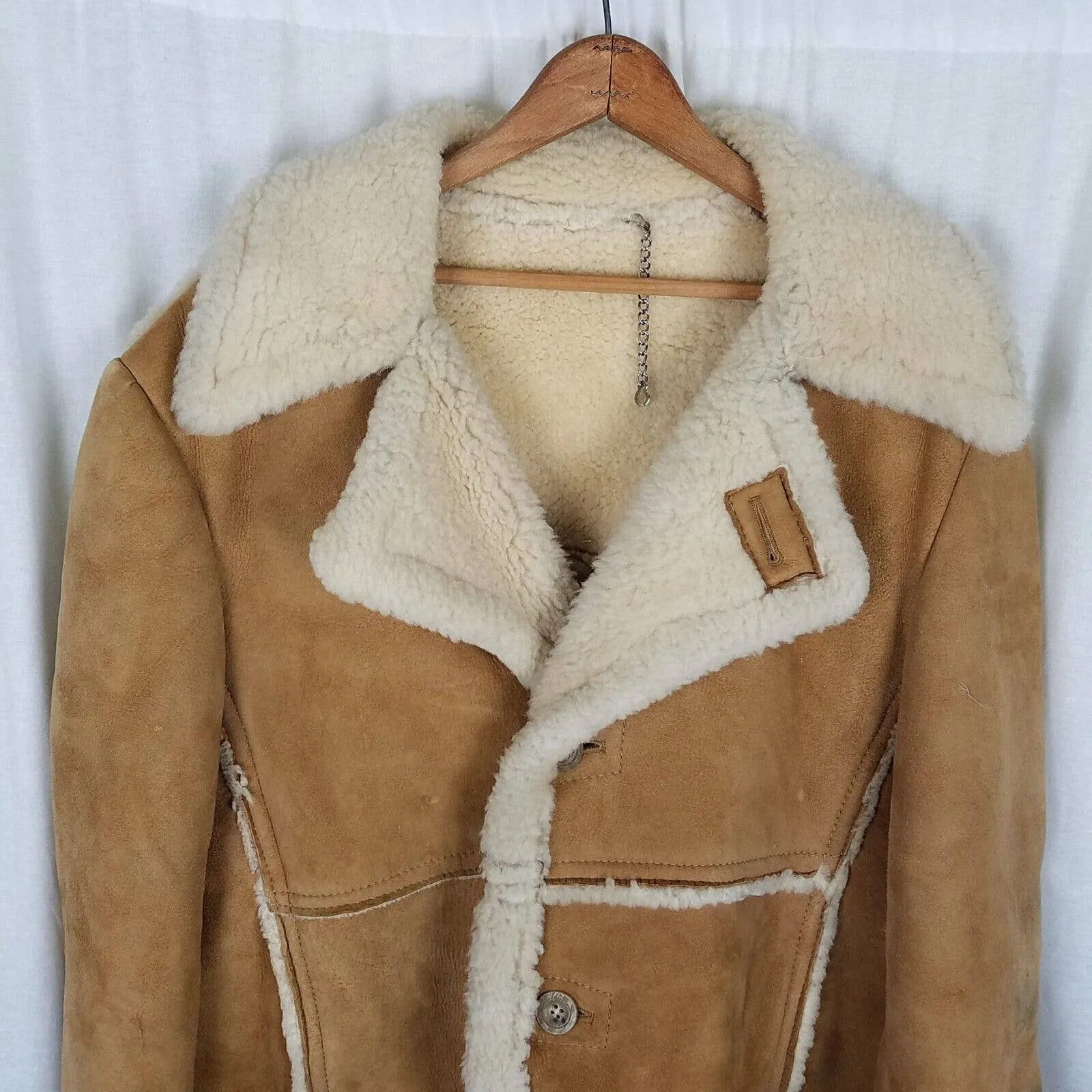 Vintage Sears The Leather Shop Shearling Suede Western Peacoat Mens 44 Tall USA
