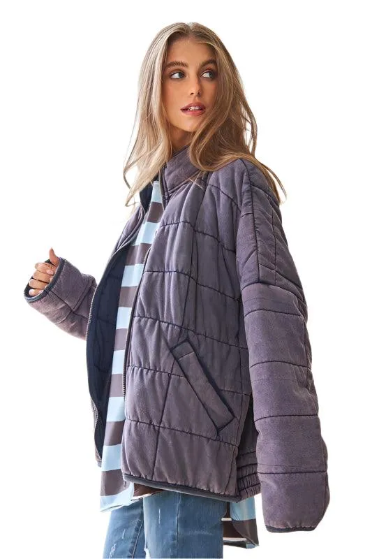 Washed Soft Comfy Quilting Zip Closure Jacket