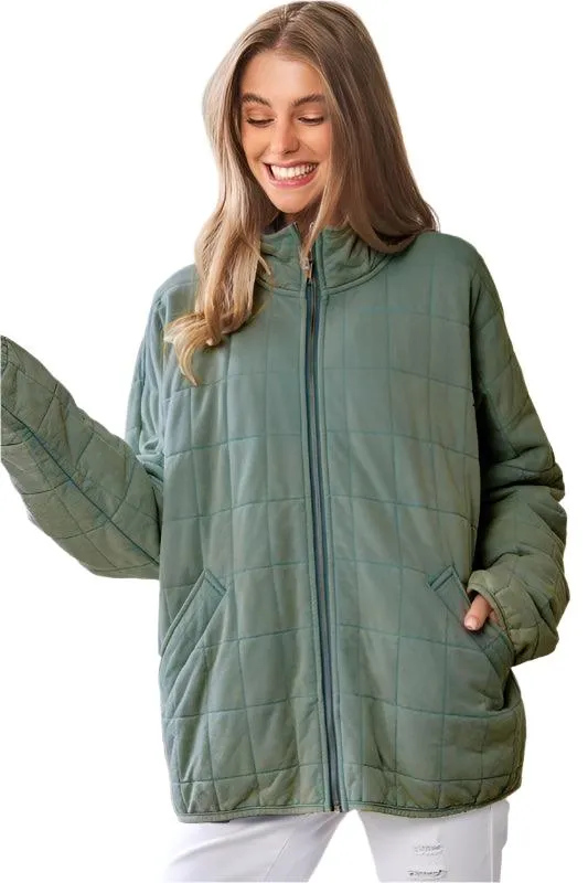 Washed Soft Comfy Quilting Zip Closure Jacket
